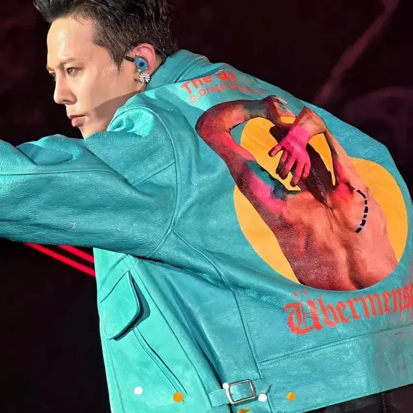 [BUNJANG] Retro Green Print Leather Jacket / GD콘서트 스타일의 녹색 프린트 라펠 레트로 가죽 재킷.