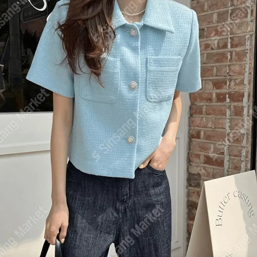 [BUNJANG] Pastel Blue Tweed Jacket / 트위드자켓 새상품