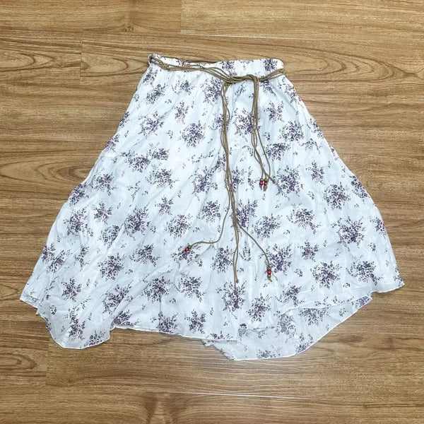 [BUNJANG] Vintage White Floral Belted Midi Skirt / 빈티지 화이트 플로럴 벨트 스커트 치마