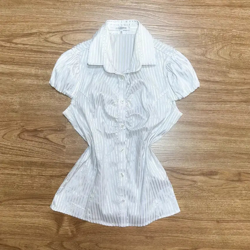 [BUNJANG] Vintage Shirring Stripe Shirt Blouse - Mori Girl / Aoi Yuu Style / 빈티지 셔링 스트라이프 셔츠 블라우스 모리걸 아오이유우 교복 아일릿