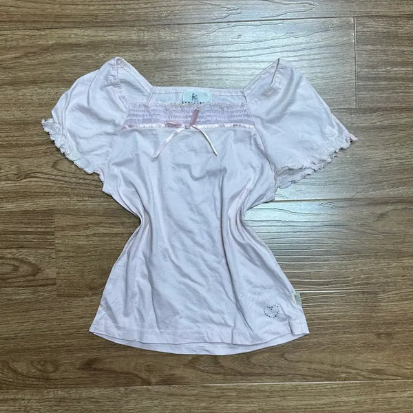 [BUNJANG] Vintage Pink Ribbon Jewel Strawberry Milk Short Sleeve T-Shirt / 빈티지 핑크 리본 보석 딸기우유 반팔 티셔츠 히메갸루 로걀 라떼