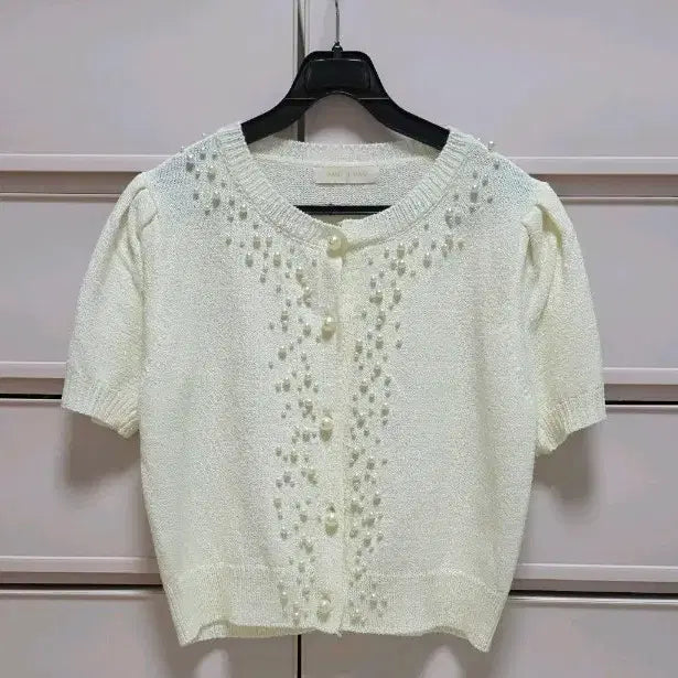 [BUNJANG] Pearl Knit Short Sleeve Cardigan / 반팔 진주 니트 가디건 새상품