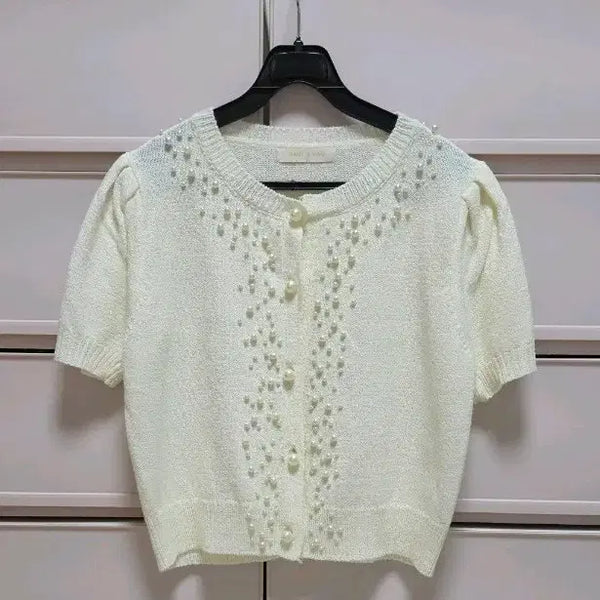 [BUNJANG] Pearl Knit Short Sleeve Cardigan / 반팔 진주 니트 가디건 새상품