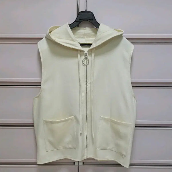 [BUNJANG] Hooded Zip-Up Vest (Cream, Brown) / 후드 집업 베스트 새상품(크림,브라운)