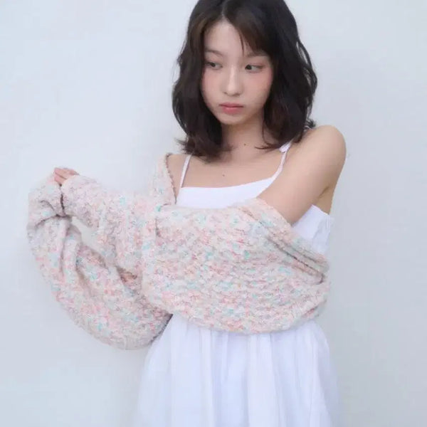 [BUNJANG] Awit Rainbow Cropped Bolero Knit Cardigan Pink / [1회 착용] 어윗 awit 볼레로 크롭 가디건 레인보우 무지개 핑크 니트