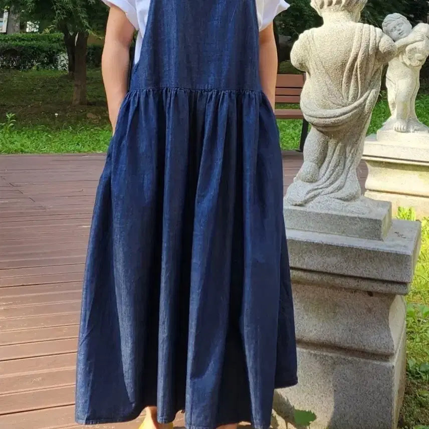 [BUNJANG] Denim Pinafore Long Dress / 청 데님 멜빵 원피스