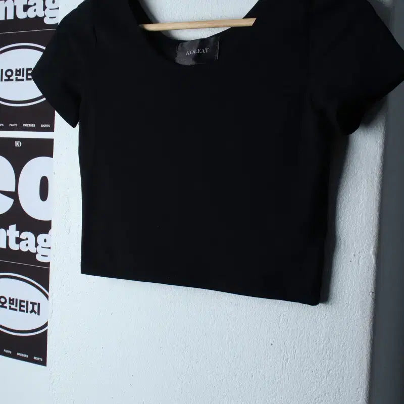 [BUNJANG] SM Collete Short Sleeve Wide Neck Crop T-Shirt Black Poly-H36446 / W(S-M) 콜릿 반팔 티셔츠 와이드넥 크롭 블랙 폴리-H36446