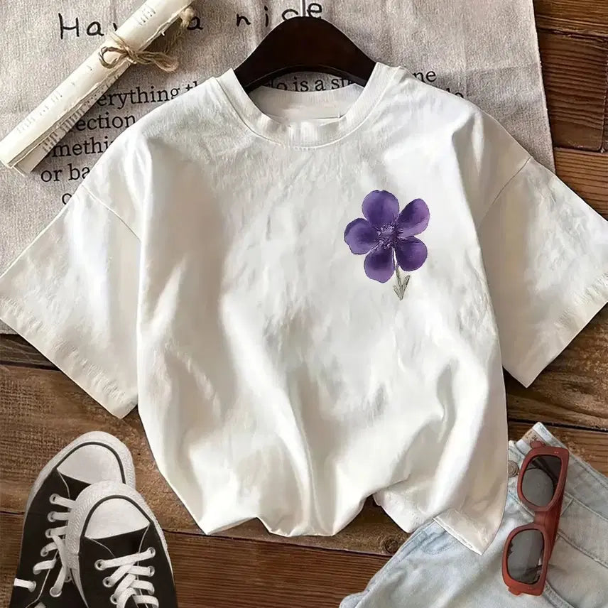 [BUNJANG] Unisex Purple Flower Print Cotton Round Neck Short Sleeve T-Shirt / 남여공용 \ 보라꽃 프린트 라운드넥 면 반팔 티셔츠 (새제품)