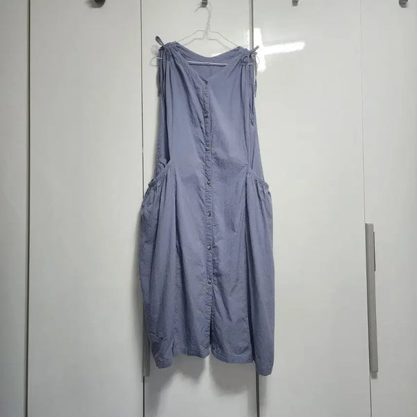 [BUNJANG] Sleeveless Shirring Ribbons Strap Long Dress with Big Pockets / 민소매 셔링 나시 롱 원피스 리본 스트랩 빅포켓 블루 소라 레이어드 버튼 단추