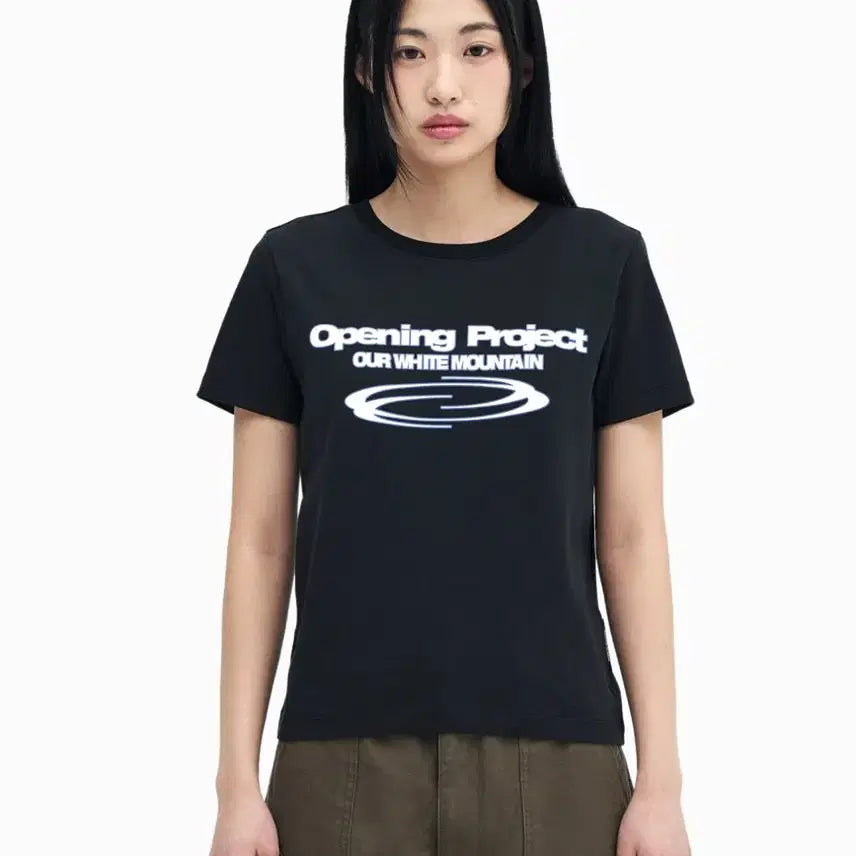 [BUNJANG] Opening Project Black Cropped T-Shirt / [1회 착용] 오프닝프로젝트 반팔 티셔츠 블랙 무신사 크롭 프린팅 레터링