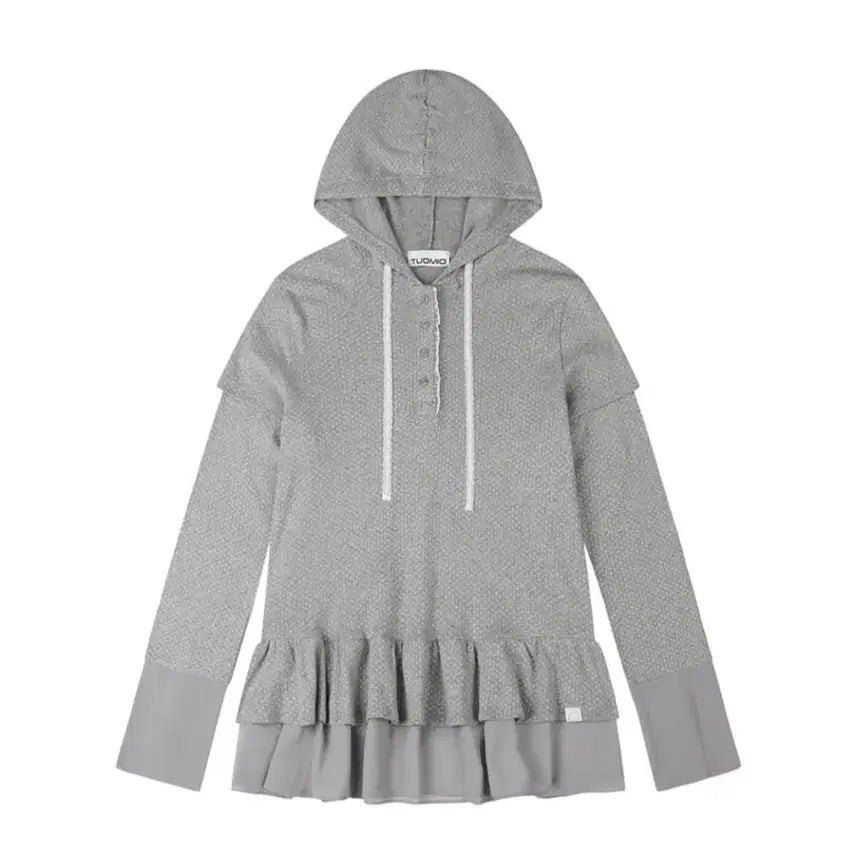 [BUNJANG] DUOOMIO Frill Chiffon Layered Hoodie - Heather Grey / 뚜오미오 프릴 쉬폰 후드 그레이 도트 레이어드 후드티