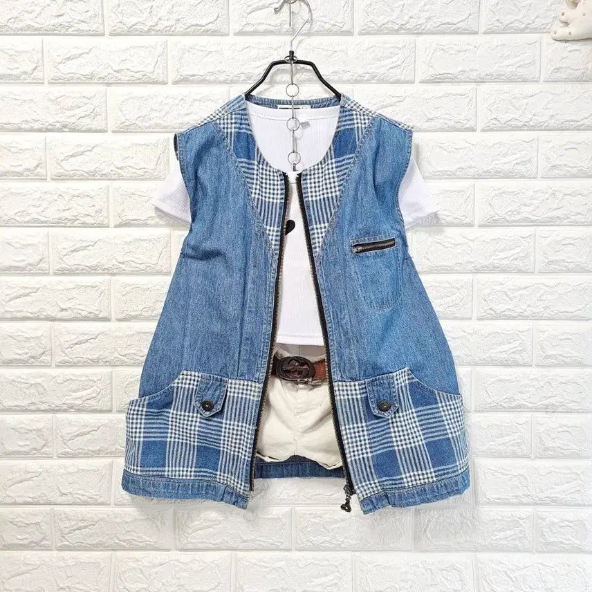 [BUNJANG] Checkered Panel Denim Vest / 체크 배색 데님 조끼