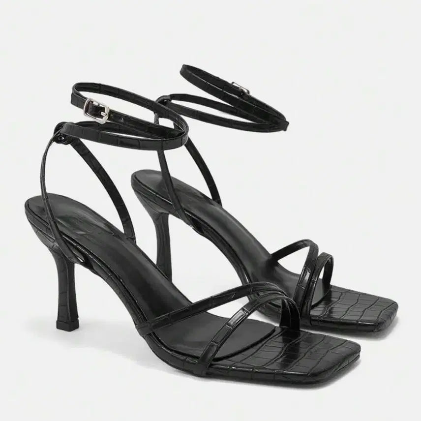 [BUNJANG] Square Toe Strap Buckle Heels (7cm) / 스퀘어 스트랩 샌들 버클 힐 7cm