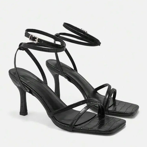 [BUNJANG] Square Toe Strap Buckle Heels (7cm) / 스퀘어 스트랩 샌들 버클 힐 7cm