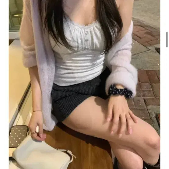 [BUNJANG] Verni Dear Lace Sleeveless Top Melange Grey Free Size / 새상품 베르니 디어 레이스 슬리브리스 나시 멜란지 그레이 프리