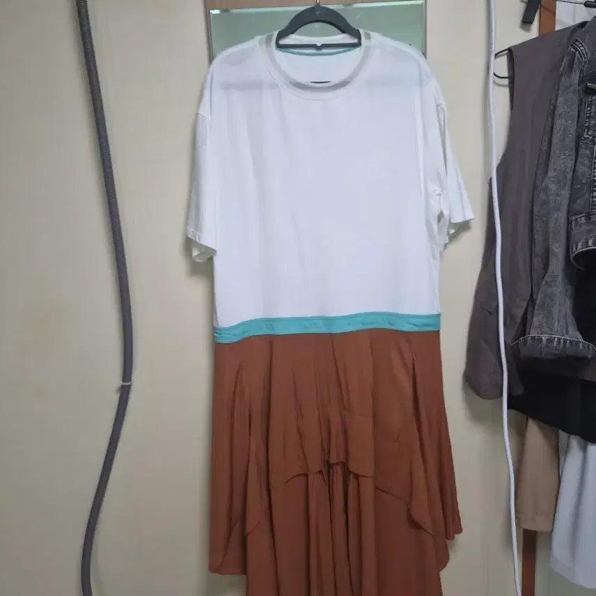 [BUNJANG] System Color Block Long Dress / 시스템화이트/브라운 배색 롱 원피스