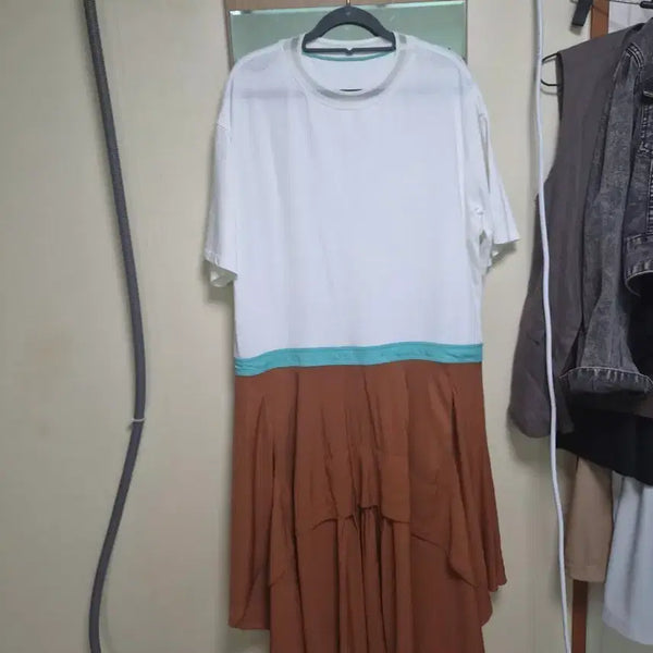 [BUNJANG] System Color Block Long Dress / 시스템화이트/브라운 배색 롱 원피스