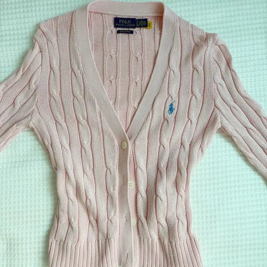 [BUNJANG] Polo Ralph Lauren Cable Knit Cardigan Pink / 폴로 케이블 니트 가디건 핑크 5회 착용