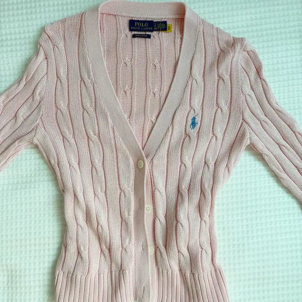 [BUNJANG] Polo Ralph Lauren Cable Knit Cardigan Pink / 폴로 케이블 니트 가디건 핑크 5회 착용