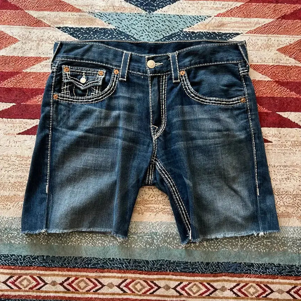 [BUNJANG] True Religion Stitch Cut-Off Denim Shorts (Medium Wash) Size 34 / 트루릴리전 스티치 커팅 데님 반바지 [중청] 34