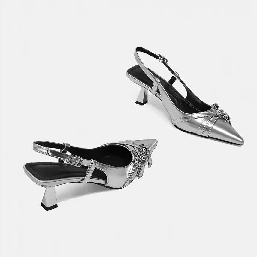 [BUNJANG] Y2K Silver Metallic Slingback Heels (5cm) / Y2K 버클 실버 메탈릭 슬링백235 (5cm)