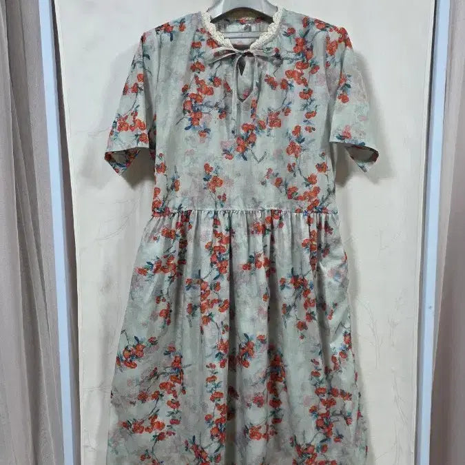 [BUNJANG] Linen Blend Long Dress with Lace Collar / 예쁜카라레이스린넨혼방롱원피스(55-66)
