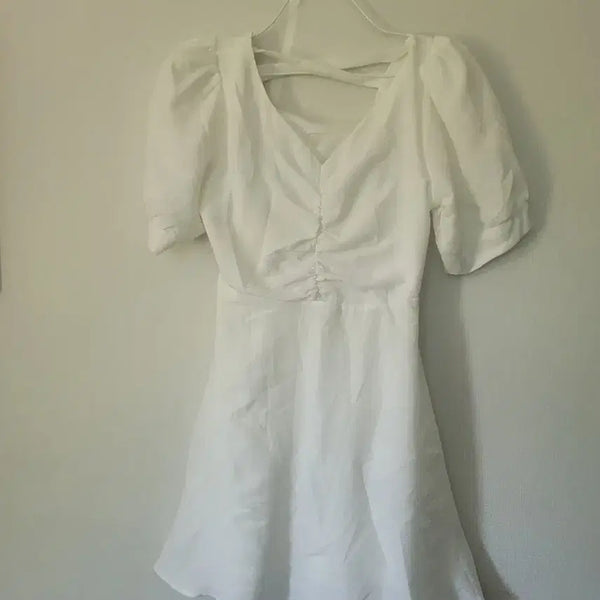 [BUNJANG] White Puff Sleeve Shirring V-Neck Mini Dress / 화이트 퍼프 소매 셔링 브이넥 미니 원피스
