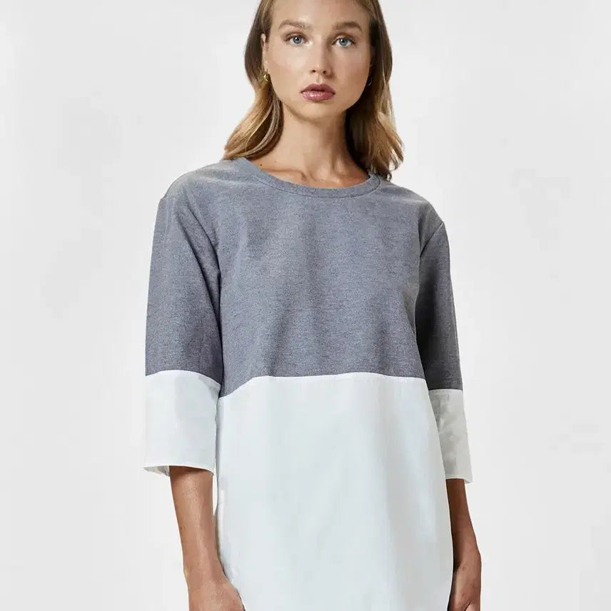 [BUNJANG] COS Colorblock 7/10 Sleeve T-Shirt Grey/White / [여성] COS 배색 7부 티셔츠 그레이/화이트