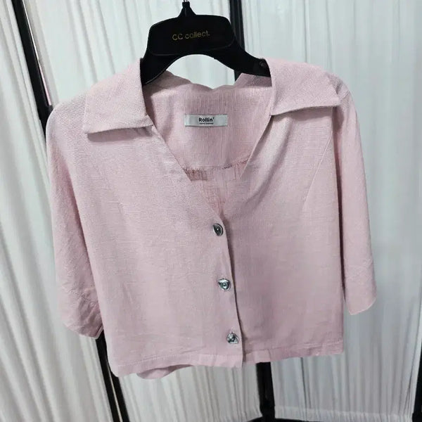 [BUNJANG] Linen Blend Crop Blouse - Indie Pink / 인디핑크 린넨혼방 크롭 블라우스