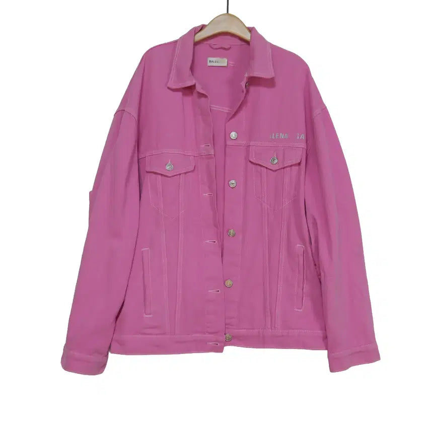 [BUNJANG] Pink Logo Denim Jacket - Italian Made - Oversized Fit / 핑크 로고 데님 자켓 66 이탈리아 오버핏
