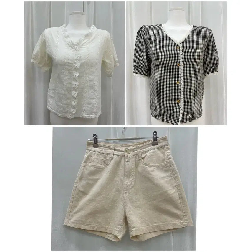 [BUNJANG] Black Check Puff Sleeve Blouse and Beige Shorts Set / 블랙 체크 퍼프 반팔 블라우스 앤 베이지 반바지