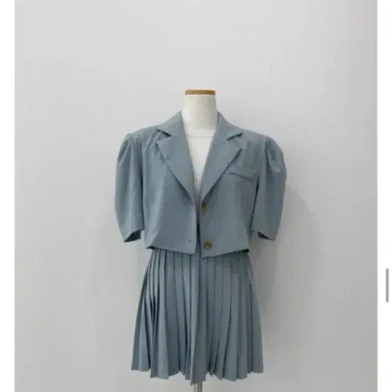 [BUNJANG] Crop Jacket and Pleated Skirt Set - Sky Blue / 여름 크롭 자켓 플리츠 스커트 세트 하늘색