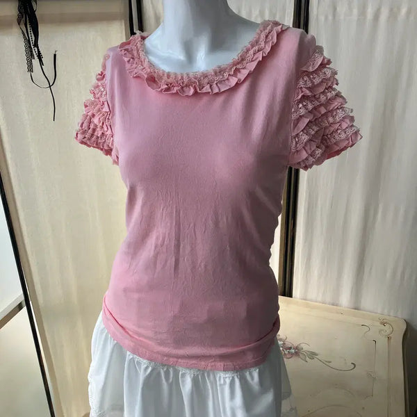 [BUNJANG] Vintage Pink Lace Frill Short Sleeve Top / pink lace frill short sleeve