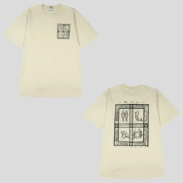 [BUNJANG] Vintage Oatmeal Beige Black Fish Ethnic Pattern Cotton Short Sleeve T-shirt M / 빈티지 오트밀베이지 블랙 피쉬 에스닉패턴 올드스쿨 스트릿 코튼 반팔 티셔츠 새상품 M