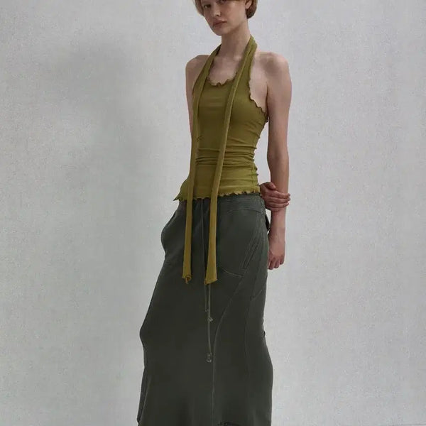 [BUNJANG] SEO Ruffle Tie Halter T-Shirt Olive / SEO 러플 홀터 티셔츠