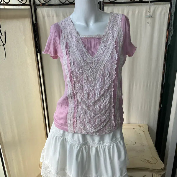 [BUNJANG] Latte Pink Lace Wrinkle Short Sleeve Blouse / latte pink lace wrinkle short sleeve
