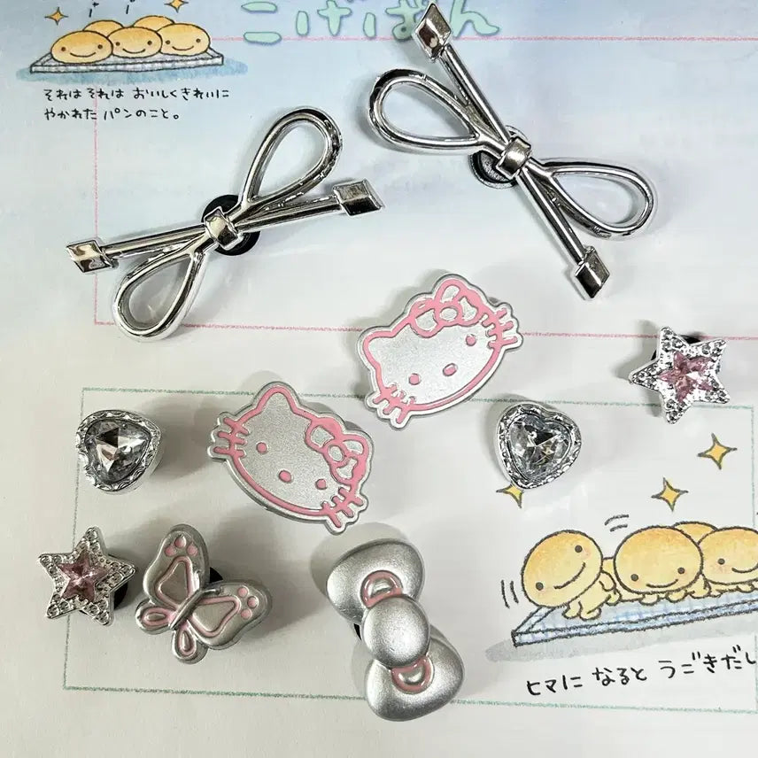 [BUNJANG] Hello Kitty Shoe Charms Set (10 pcs), Silver Kitty Cat Shoe Decorations / 새상품 키티 신발파츠 세트 10pcs, 실버 키티 고양이 신발 꾸미기