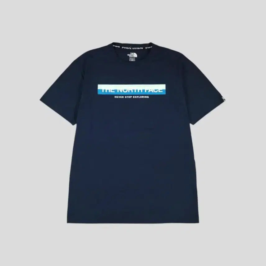 [BUNJANG] The North Face Spell Out Box Logo T-Shirt / 노스페이스 네이비 화이트 멀티컬러 스펠아웃 박스프린팅 로고 레귤러핏 기능성 반팔 티셔츠 L