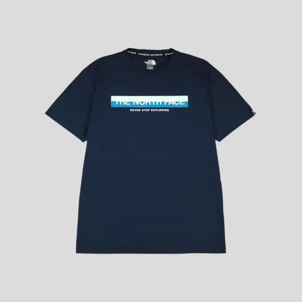 [BUNJANG] The North Face Spell Out Box Logo T-Shirt / 노스페이스 네이비 화이트 멀티컬러 스펠아웃 박스프린팅 로고 레귤러핏 기능성 반팔 티셔츠 L