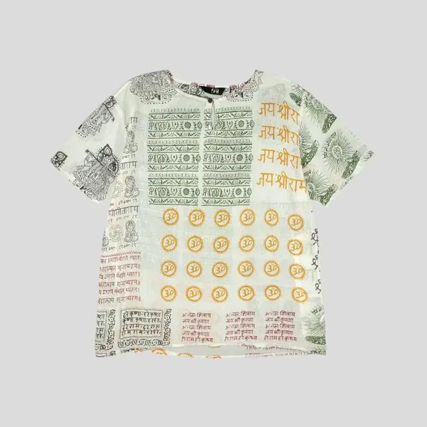 [BUNJANG] Vintage Ethnic Pattern Cotton Wide Neck Bohemian Hippie T-Shirt (Made in India, L) / 빈티지 JP 화이트 그린 멀티컬러 에스닉패턴 코튼 와이드넥 보헤미안 히피 반팔 티셔츠 MADE IN INDIA L
