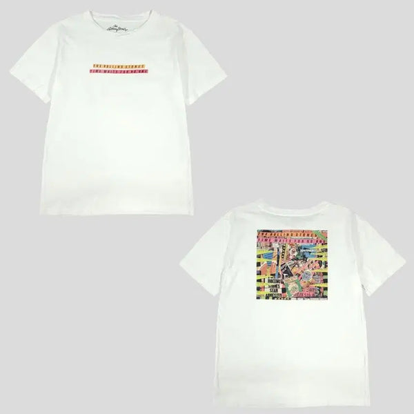 [BUNJANG] GU x The Rolling Stones Graphic Cotton T-Shirt / GU 지유 X THE ROLLING STONES 롤링 스톤즈 JP 화이트 오렌지 멀티컬러 콜라주 박스프린팅 올드스쿨 스트릿 코튼 반팔 티셔츠 M