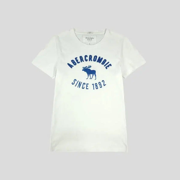 [BUNJANG] Abercrombie & Fitch White Blue Spell Out Logo Cotton Short Sleeve T-Shirt / 아베크롬비앤피치 화이트 블루 스펠아웃 로고 코튼 반팔 티셔츠 M