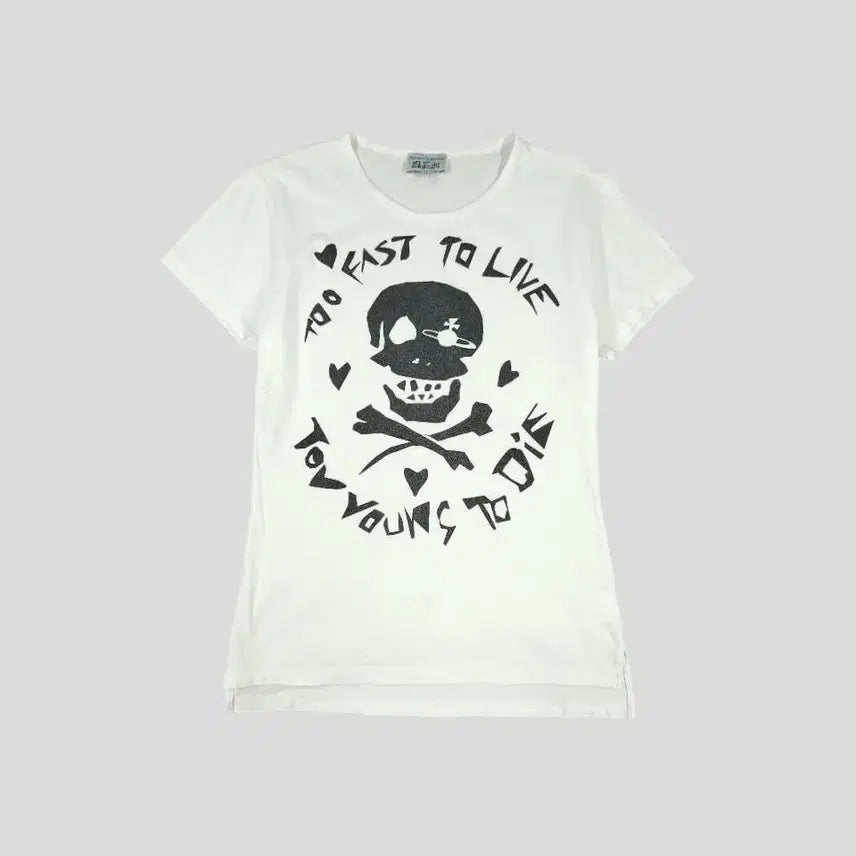 [BUNJANG] Vivienne Westwood Man Spellout Skull Wide Neck Short Sleeve T-Shirt White Black / 비비안웨스트우드 맨 JP 화이트 블랙 스펠아웃 스컬 락시크 펑크 코튼 와이드넥 반팔 티셔츠 WOMANS L