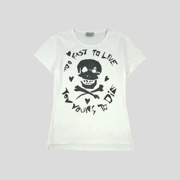 [BUNJANG] Vivienne Westwood Man Spellout Skull Wide Neck Short Sleeve T-Shirt White Black / 비비안웨스트우드 맨 JP 화이트 블랙 스펠아웃 스컬 락시크 펑크 코튼 와이드넥 반팔 티셔츠 WOMANS L