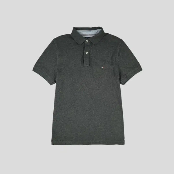 [BUNJANG] Tommy Hilfiger Melange Deep Gray Mini Tommy Logo Cotton Button Collar Short Sleeve T-Shirt M / 타미힐피거 멜란지 딥그레이 미니 타미로고 코튼 버튼 카라넥 반팔 티셔츠 M