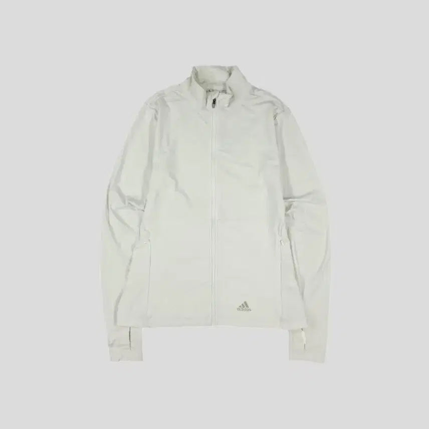 [BUNJANG] Adidas ClimaLite Ivory Grey Logo Mid Layer Zip-Up Track Jacket with Finger Holes - Women's L / 아디다스 아이보리 그레이 로고 클라이마라이트 미드 레이어 핑거홀 기능성 트랙탑 집업 져지 WOMANS L