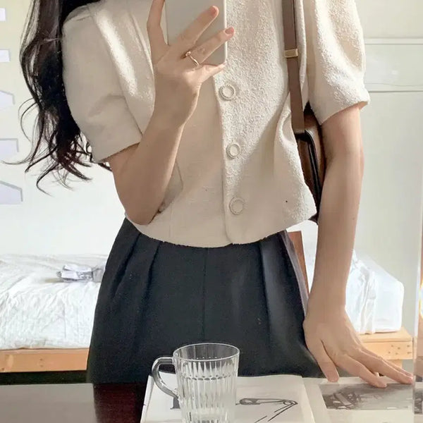 [BUNJANG] J.Elf Hince Tweed Short Sleeve Jacket Cream Ivory / 제이엘프 힌스 트위드 블라우스 크림 아이보리 반팔 자켓 판매합니다.