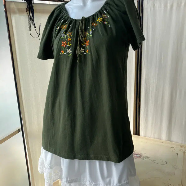 [BUNJANG] Khaki Flower Embroidered Short-Sleeve Blouse / 카키 플라워 자수 반팔 블라우스 1363 모리걸 일본빈티지