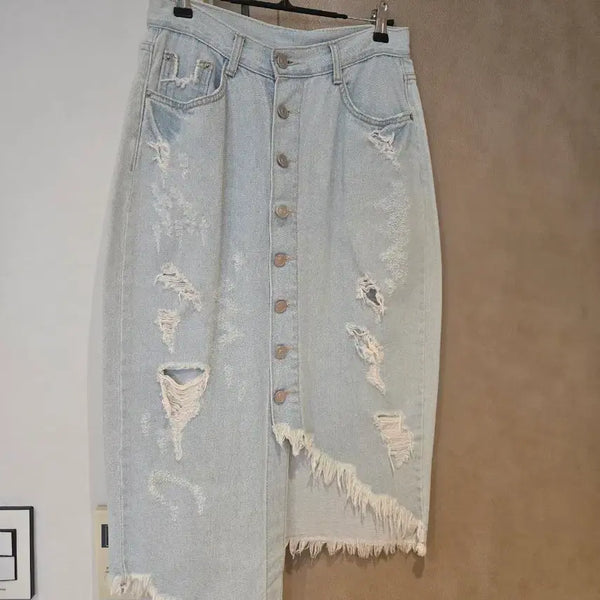[BUNJANG] Damage Denim Midi Skirt / 데미지 데님 스커트