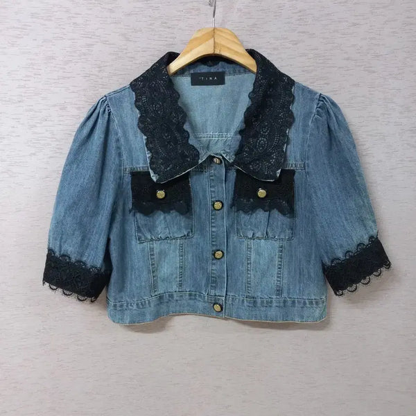 [BUNJANG] B8-6/TINA Lace Trim Washed Denim Short Jacket / B8-6/TINA 레이스배색 워싱 데님 숏자켓 여성